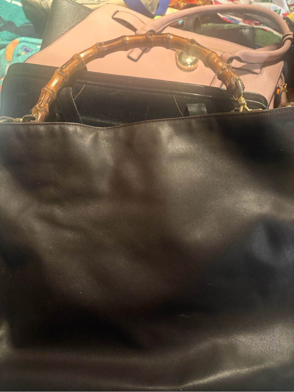 Vintage brown quiet luxury Leather Tote with Bamboo Handle